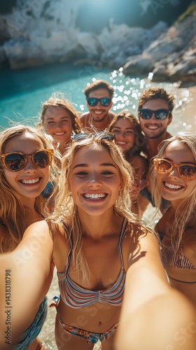 Wallpaper Mural Friends taking selfie, beach vacation, clear water, sunny day Torontodigital.ca