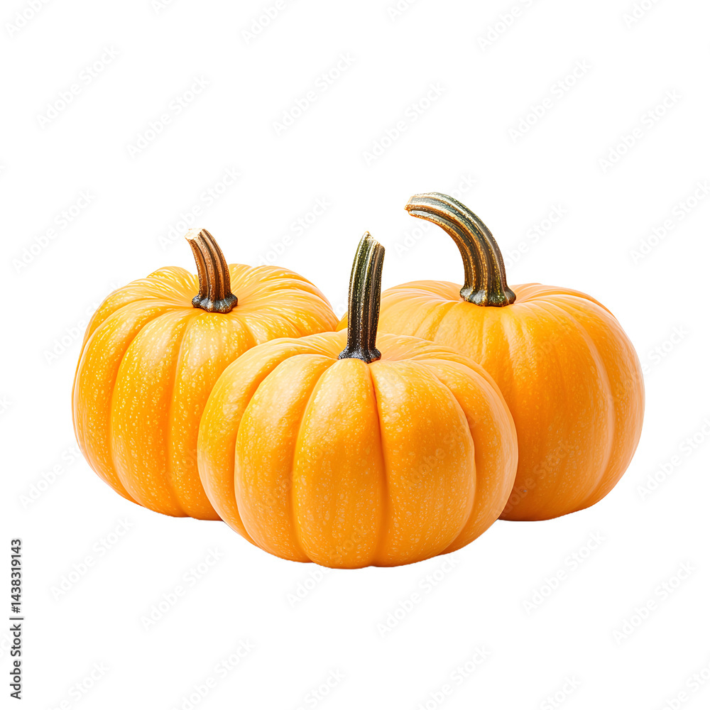 Obraz premium Three orange pumpkins with stems isolated on a white background.