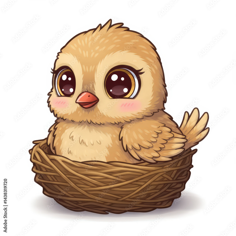 Obraz premium Cute cartoon bird sitting happily in a nest 