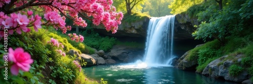 Spring blooms frame cascading waterfall, vibrant green foliage , texture, life