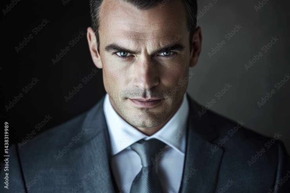 A serious, intense close-up portrait of a man in a suit, conveying power and confidence. A serious, intense close-up portrait of a man in a suit, conveying power and confidence.
