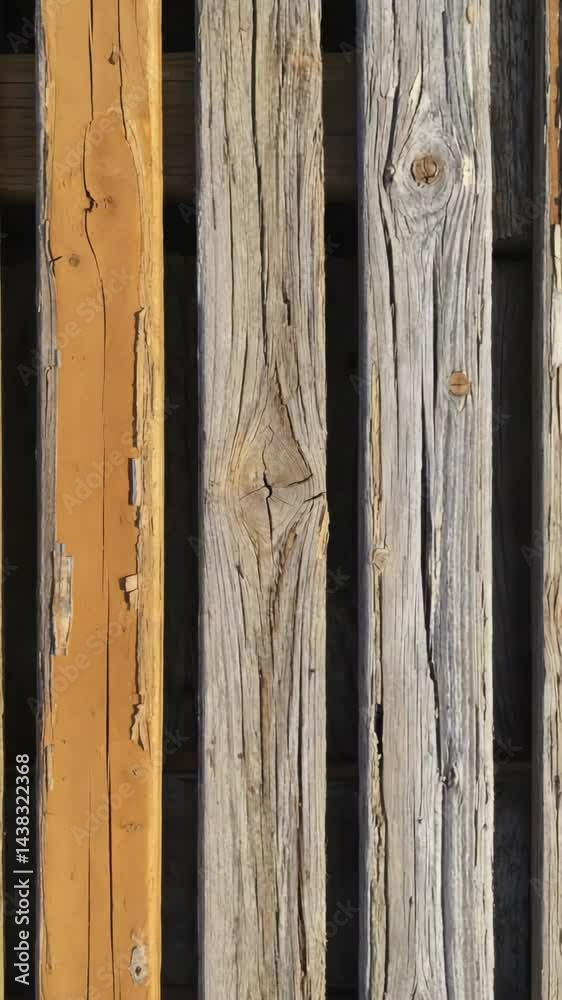Close up of rustic and textured wood boards with peeling paint and knot details showcasing weathered surface