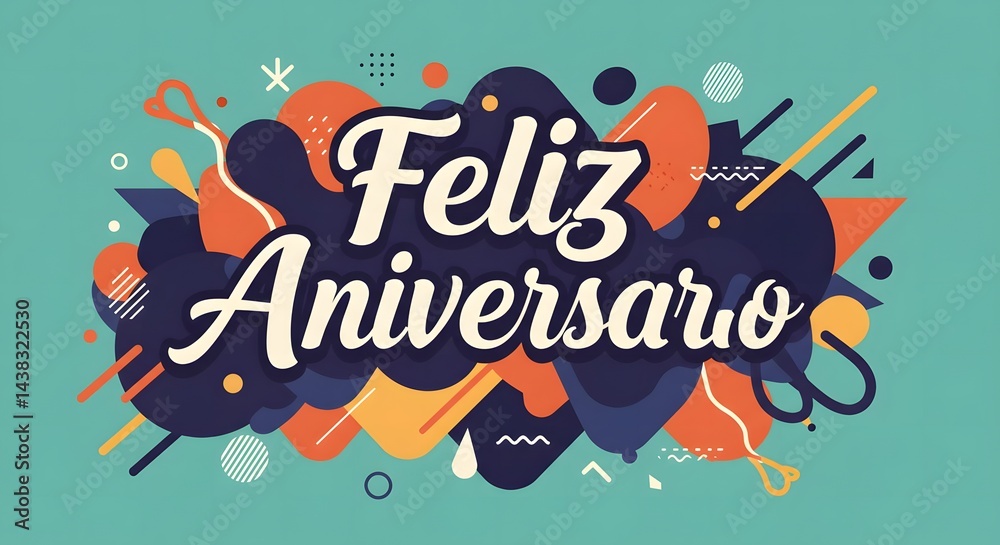 Obraz premium Colorful Feliz Aniversario Graphic with Retro Shapes for Birthday Celebrations