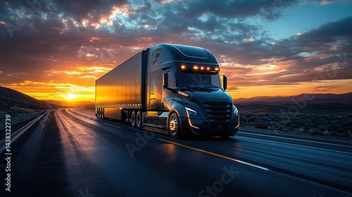 Wallpaper Mural Semi truck driving on road during sunset with dramatic sky and light. Torontodigital.ca
