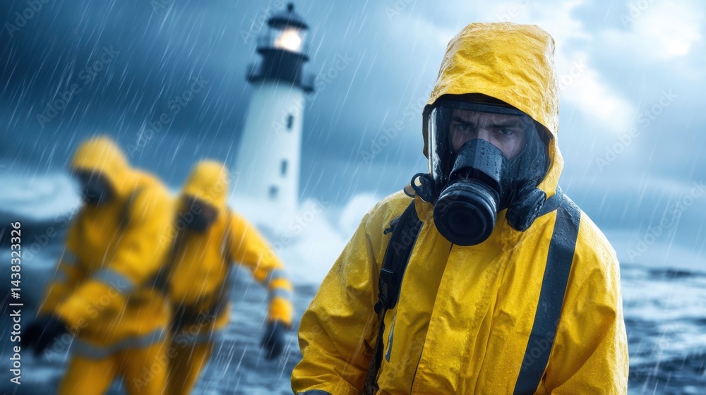 Naklejka premium Team of responders in yellow rain gear working in stormy conditions with lighthouse behind