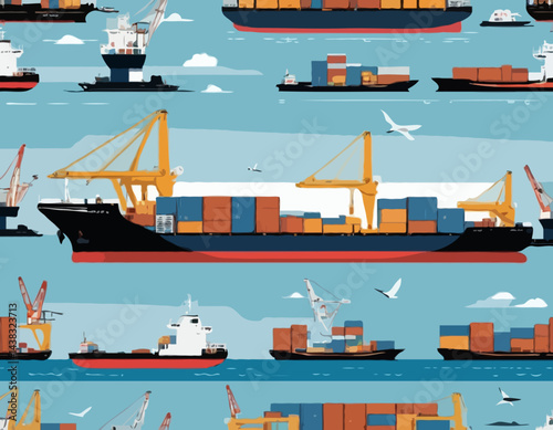 Detailed Cargo Ship Vector with Containers, Cranes, and Navigation Equipment for Logistics and Maritime Industry Use.