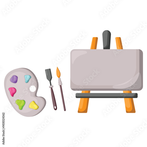 A vector set consisting of an easel, a palette with colored acrylic paints, an art brush and a palette knife. Elements of tools for the artist.