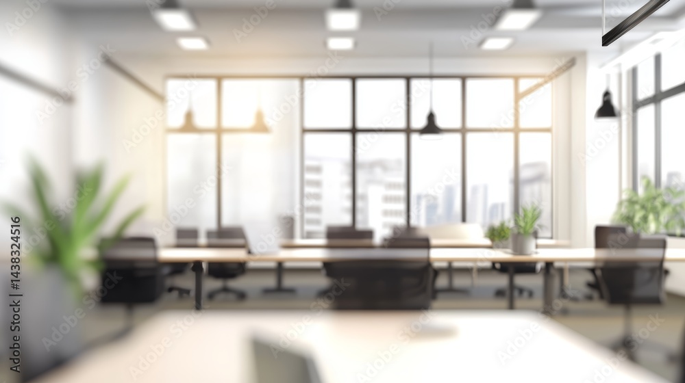 Fototapeta premium Stunning soft focused modern office interior with panoramic windows and elegant lighting