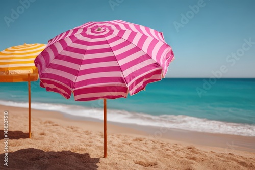 Vibrant striped pink and red beach umbrella standing upright on white sandy beach with turquoise water horizon under bright sun leisure summer heat beach object