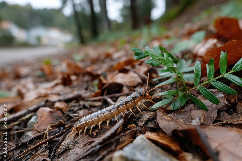 A detailed close-up of a caterpillar navigating through a bed of leaves, showcasing its unique coloration and physical traits in its natural habitat. A detailed close-up of a caterpillar navigating through a bed of leaves, showcasing its unique coloration and physical traits in its natural habitat.
