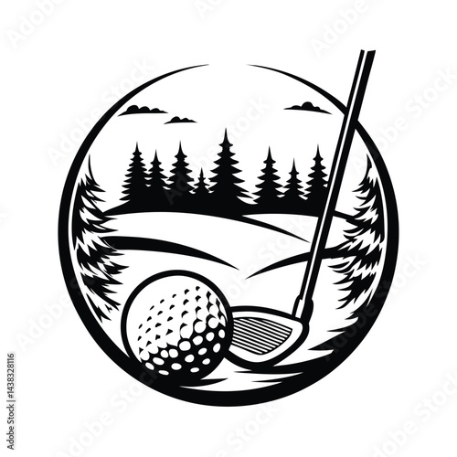 Golf Ball and Club in Nature Circle, Black Silhouette, Outdoors Landscape with Trees