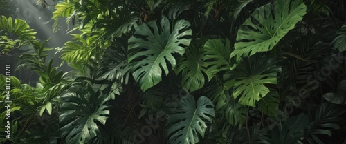 Intricate network of broad, green tropical leaves  Deep shadows and vibrant highlights ,  shadow,  dense,  undergrowth
