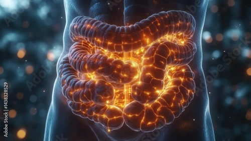 Wallpaper Mural A 3D illustration depicting the intricate anatomy of the human intestines, with a luminous, fiery glow illuminating the digestive system. Torontodigital.ca