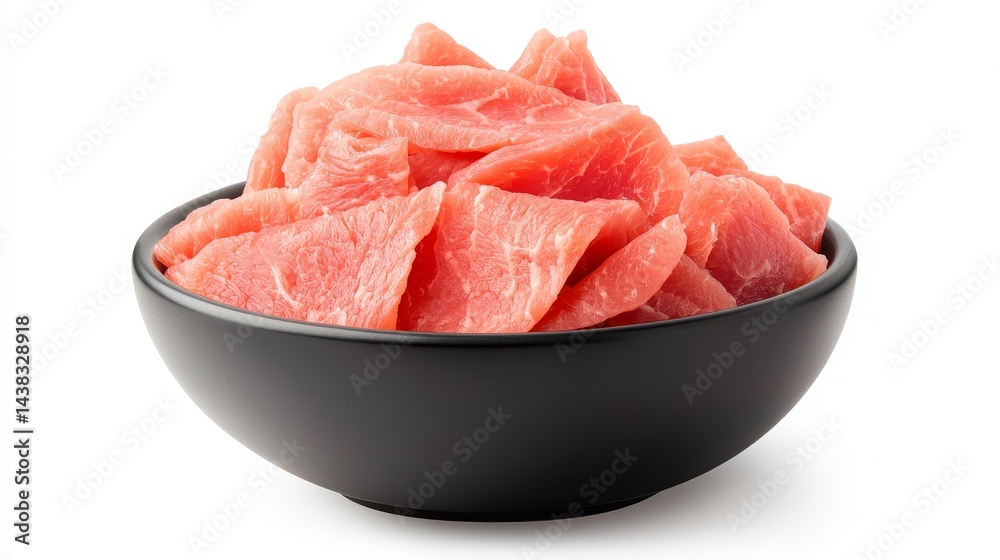 A bowl filled with thinly sliced raw meat, showcasing its vibrant pink color and fresh texture. A bowl filled with thinly sliced raw meat, showcasing its vibrant pink color and fresh texture.