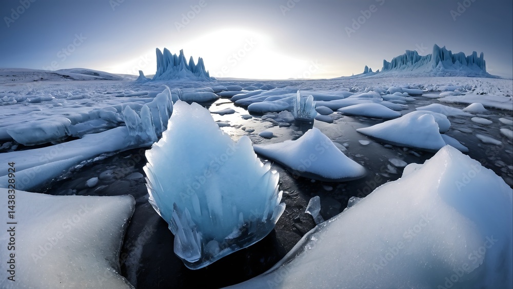 Obraz premium Arctic Ice Landscape - Serene Glacier Scenery with Snow and Ice Formations for Backgrounds, Nature Photography, and Travel Brochures