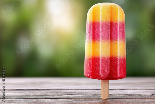 Red orange yellow layered popsicle resting on wooden surface outdoors with soft blurred green background captured in summer light colorful sweet frozen treat image