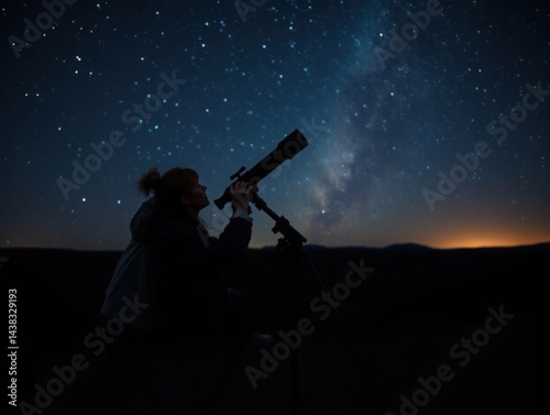 Woman observing Milky Way through telescope at night, stargazing adventure. Perfect for science, astronomy, exploration themes.