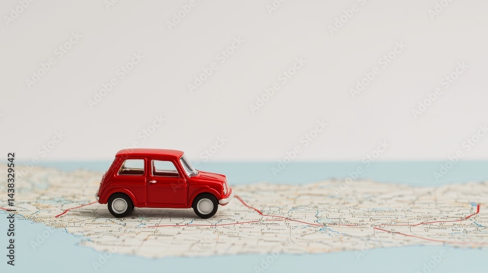 A small red toy car is placed on a map, symbolizing travel and adventure. A small red toy car is placed on a map, symbolizing travel and adventure.