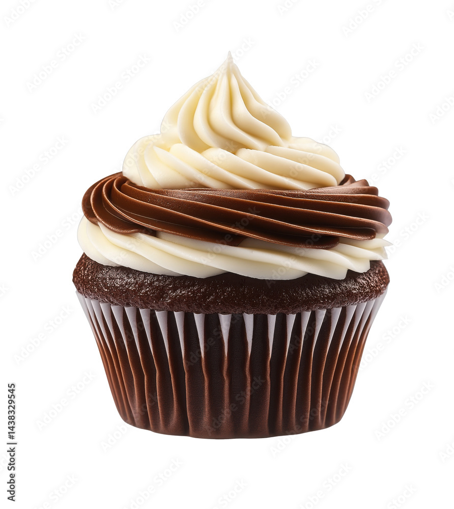 Delicious chocolate cupcake with swirled vanilla and chocolate frosting on transparent background Delicious chocolate cupcake with swirled vanilla and chocolate frosting on transparent background