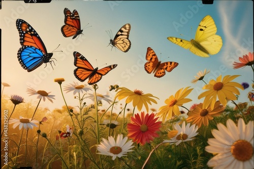 Vibrant Butterflies Dancing in a Sunlit Wildflower Meadow