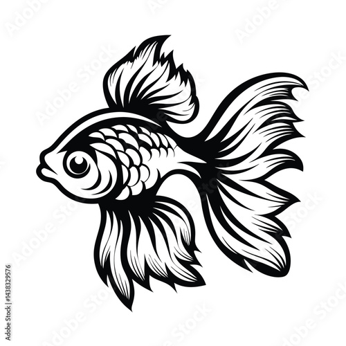Goldfish Black Outline, Ornamental Fins, Detailed Scales, Aquatic Animal
