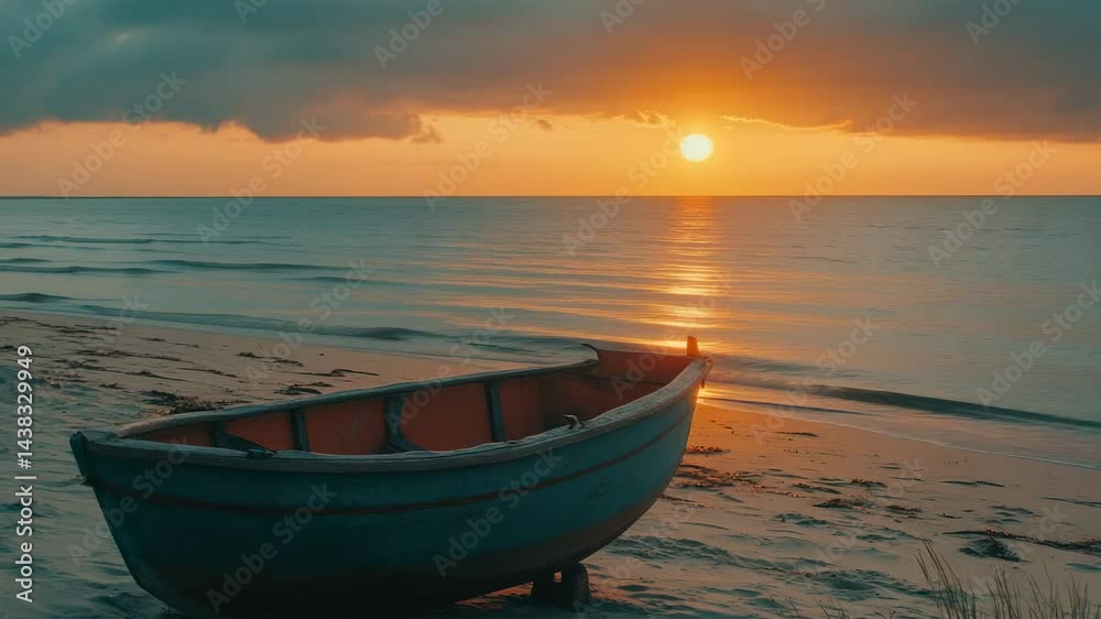 Two row boats on the beach at sunset with calm ocean and clear sky. Two row boats on the beach at sunset with calm ocean and clear sky.