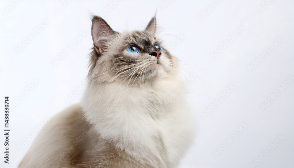 Elegant ragdoll cat with striking blue eyes gazing upward on a white backdrop Elegant ragdoll cat with striking blue eyes gazing upward on a white backdrop
