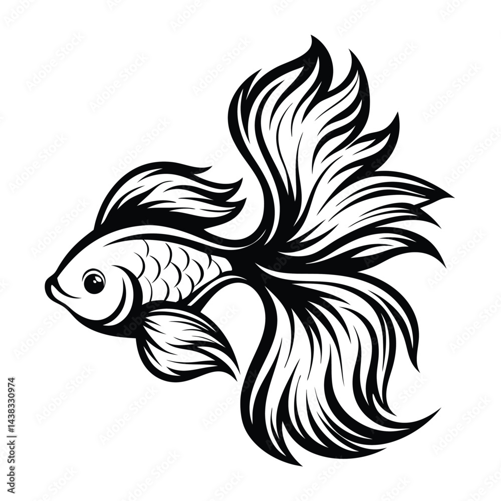 Obraz premium Decorative Siamese Fighting Fish Silhouette, Ornamental Betta Fish Illustration, Black and White