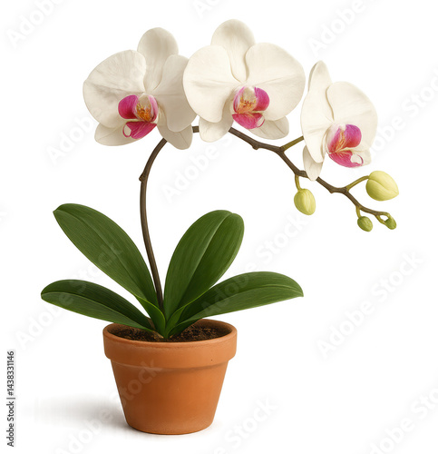 White and Pink Orchid Blooming in Terracotta Pot with Transparent Background
