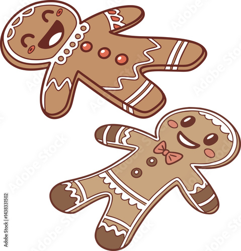 Cute Gingerbread Man Cookie Flat Brown Vector 

