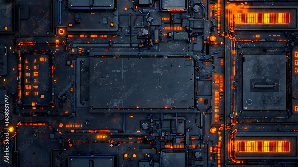 Futuristic circuit board with glowing orange lights and intricate electronic components. Futuristic circuit board with glowing orange lights and intricate electronic components.