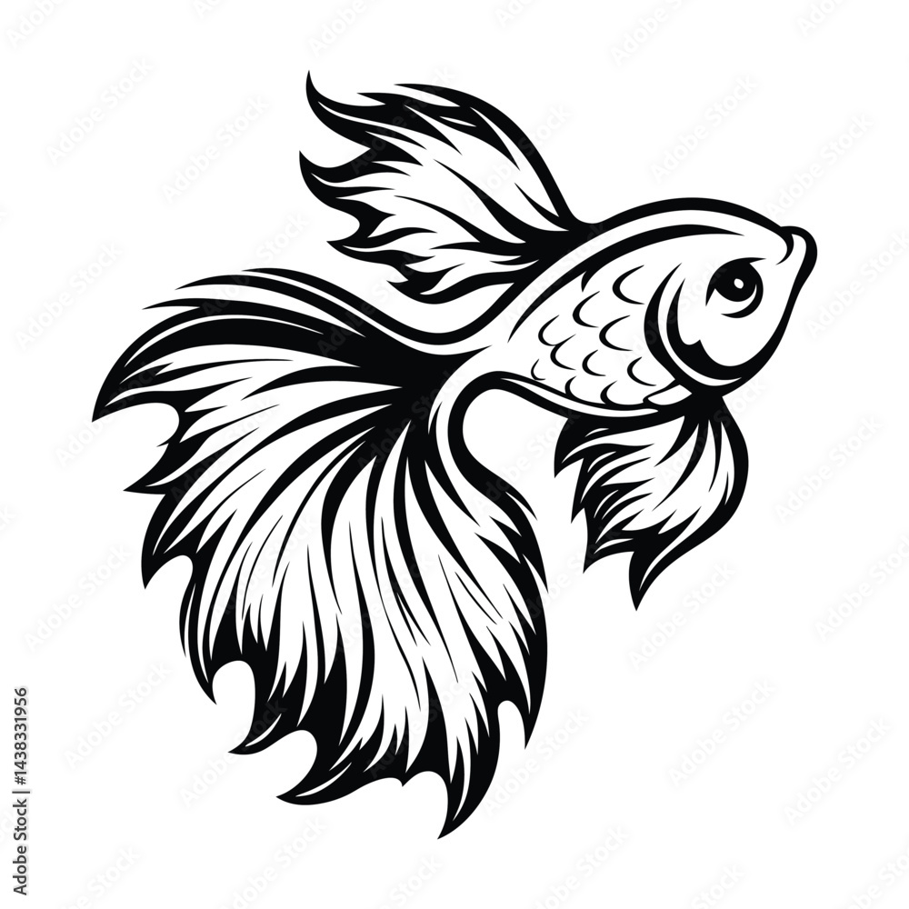 Fototapeta premium Ornamental Betta Fish Illustration, Black and White Tattoo Style Design, Aquatic Animal