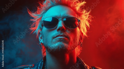 Rocker exudes defiance in striking red and blue lighting, capturing the essence of rebellion and artistry