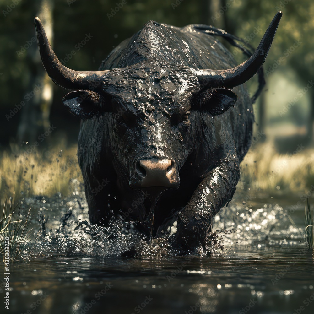 Fototapeta premium Black bull wading through water