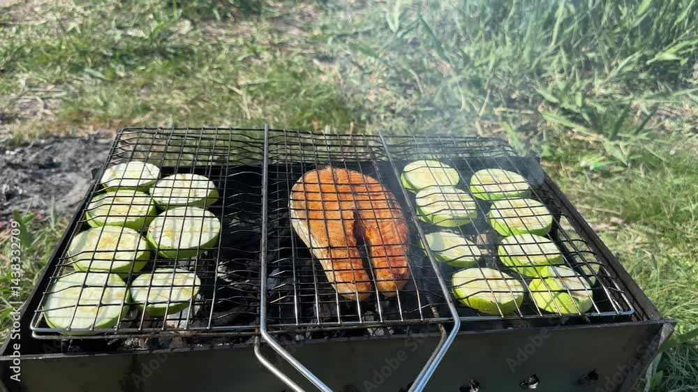 Grilling takes place in lush outdoor area with fresh vegetables and delicious salmon being cooked over charcoal. Salmon steak grills on barbeque with vegetables. Outdoor barbeque with zucchini.
