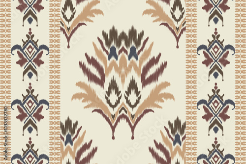 Ikat embroidery with an ethnic oriental pattern and traditional Aztec geometric art ornament. Designed for carpets, covers, wallpapers, wrapping paper, fabric, and clothing.
