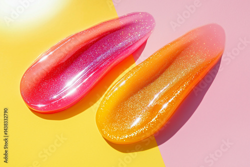 Texture pink cream gel cosmetic smudge on pink background, lipstick or blush or eye shadow or nail polish smudge trendy colore	