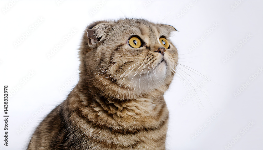 Obraz premium Captivating gaze: Portrait of a brown tabby Scottish Fold on white backdrop