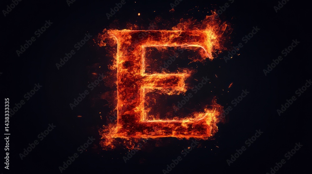 Fototapeta premium Fiery letter E, dark background, abstract design, graphic element