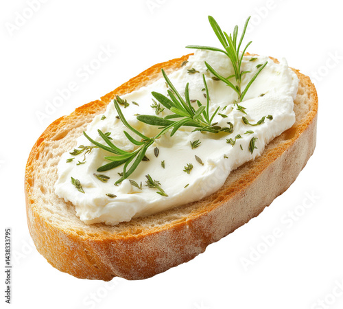 Slice of bread with cream cheese and rosemary on transparent background