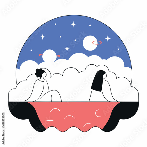 Dreamy Night Sky Couple Sitting by Water Scalable Graphic for Branding