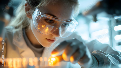 Scientist in a lab with goggles focused on experiment. Suggests research or analysis. The image evokes scientific precision and study within a laboratory setting.