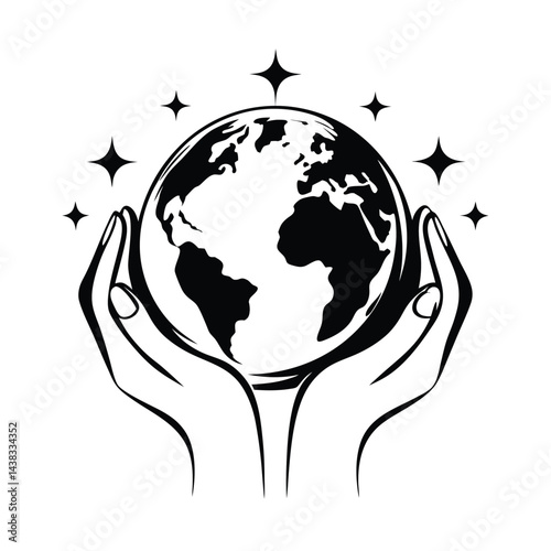 Black and White Globe held in Hand Outlines Surrounded by Stars