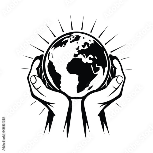 Earth Sphere Held by Two Hands, Black and White Icon with Radiating Lines