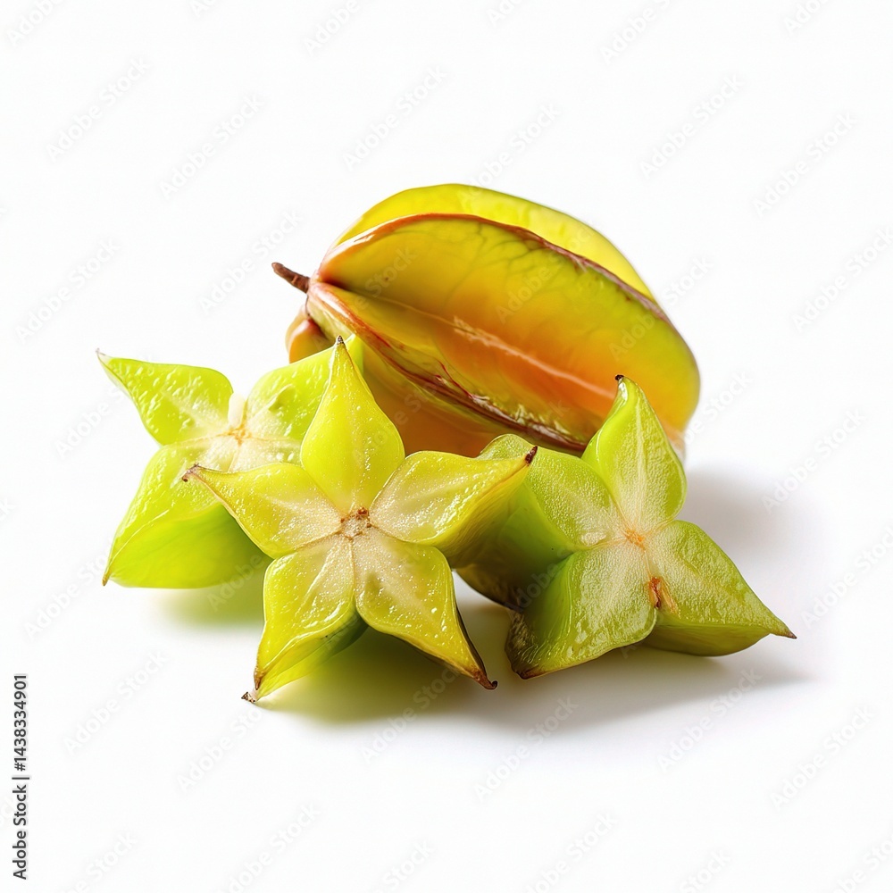 Fototapeta premium Fresh Starfruit Display on White Background with Vibrant Colors