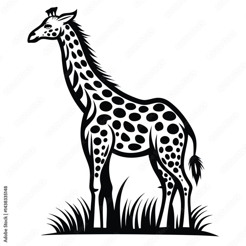 Naklejka premium Giraffe Standing in Grass, Black and White Silhouette, African Wildlife, Tall Neck, Spots