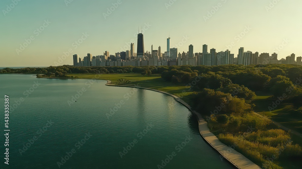 Lakefront metropolis urban skyline meets tranquil waterscape Lakefront metropolis urban skyline meets tranquil waterscape