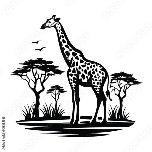 Elegant Giraffe Silhouette with Acacia Trees and Birds Against a White Backdrop