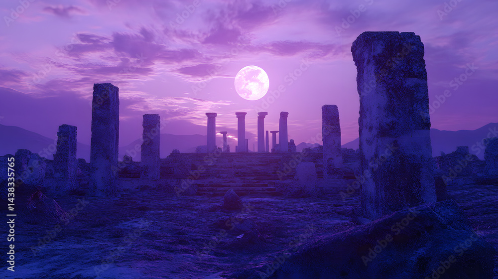 Mystical Ruins Under the Moon: A bewitching scene unfolds, ancient temple ruins stand silhouetted against a lavender-hued sky, illuminated by a luminous full moon, capturing a moment of serene beauty. Mystical Ruins Under the Moon: A bewitching scene unfolds, ancient temple ruins stand silhouetted against a lavender-hued sky, illuminated by a luminous full moon, capturing a moment of serene beauty.