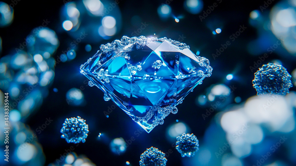 a blue carbon diamond, surrounded by some spherical, scientific geometric cells isolated on a dark background. Concept for medical or technological research and research in microfluid technology a blue carbon diamond, surrounded by some spherical, scientific geometric cells isolated on a dark background. Concept for medical or technological research and research in microfluid technology